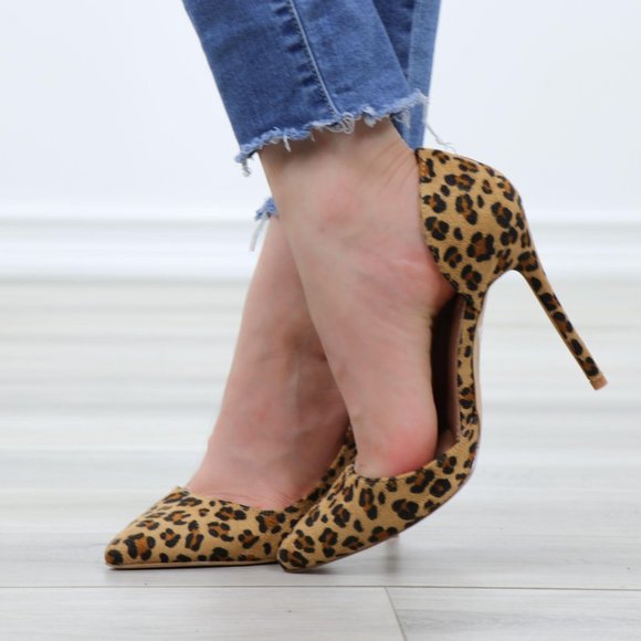 Faux Leopard Suede Pointy Toe Slip On High Heels - Picture 8 of 13